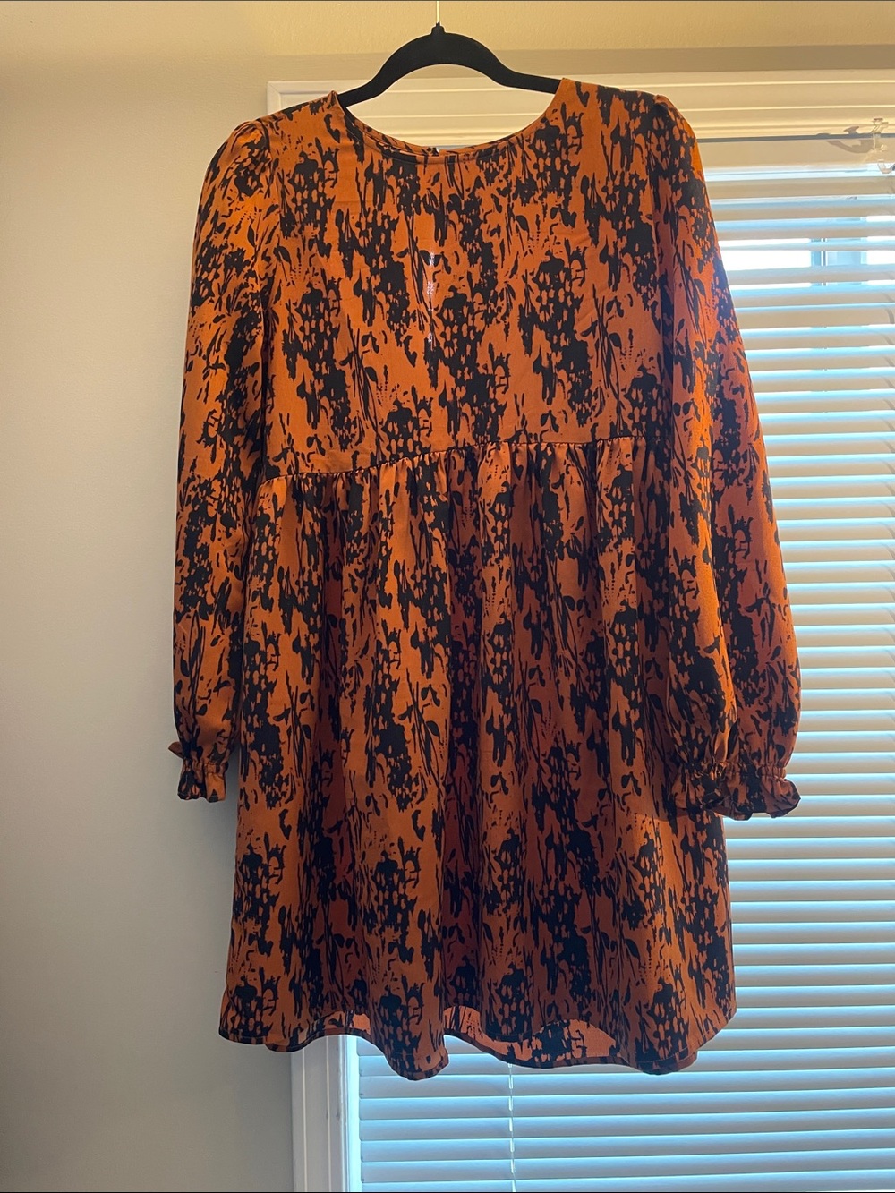 Orange and Black Printed Long-Sleeve Women's Dress